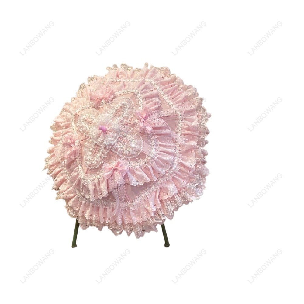 Photography Umbrella - El Yapımı Pembe Çiçekli Kalp Dantel